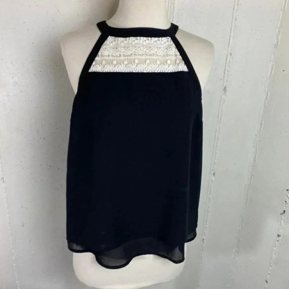 Monteau Los‎ Angeles Halter Tank Top Medium Black White Lace Trim Back Zip